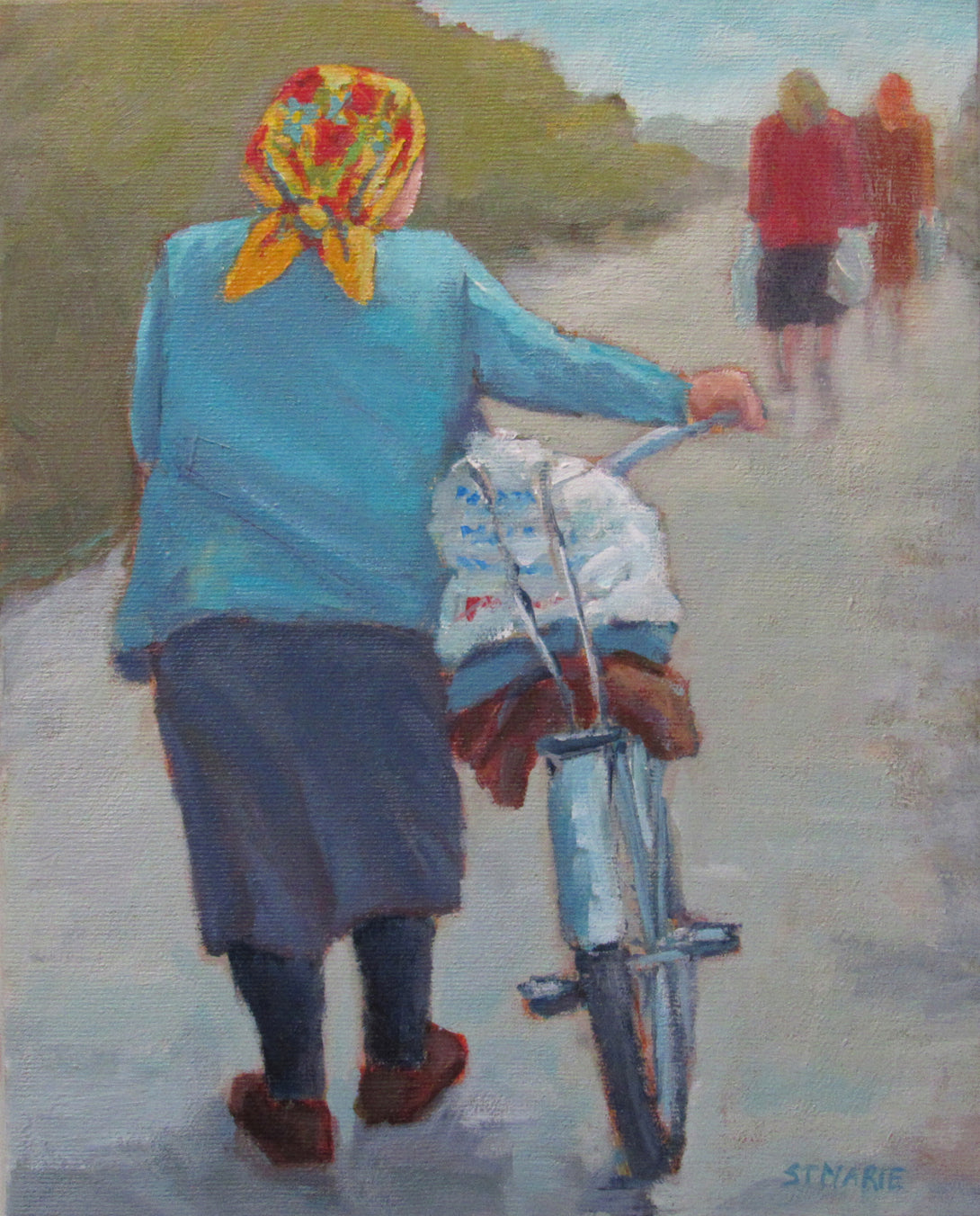 Fay St. Marie - Acrylic Painting - Baba Walking with Bike - Fay St. Marie - McMillan Arts Centre Gallery, Gift Shop and Box Office - Vancouver Island Art Gallery