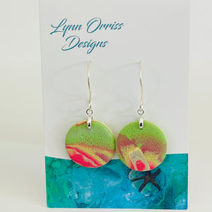 Lynn Orriss  - Earrings -  Green & pink - flat round - Lynn Orriss - McMillan Arts Centre Gallery, Gift Shop and Box Office - Vancouver Island Art Gallery