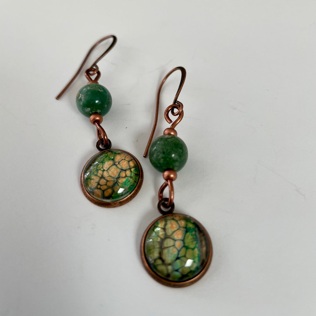 Linda Campbell - Earrings - Small disc with jade bead on copper wire - Linda Campbell - Jewellery - McMillan Arts Centre & MAC Box Office