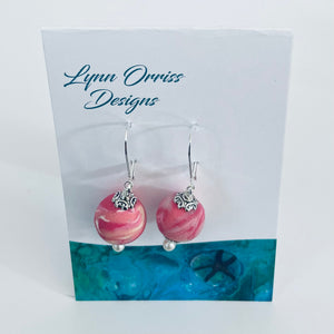 Lynn Orriss  - Earrings - Pink with pearls - medium ball -  hook - Lynn Orriss - McMillan Arts Centre Gallery, Gift Shop and Box Office - Vancouver Island Art Gallery