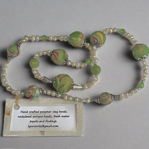 Lynn Orriss - Necklace - Green & soft peach beads with pearls - Lynn Orriss - McMillan Arts Centre Gallery, Gift Shop and Box Office - Vancouver Island Art Gallery