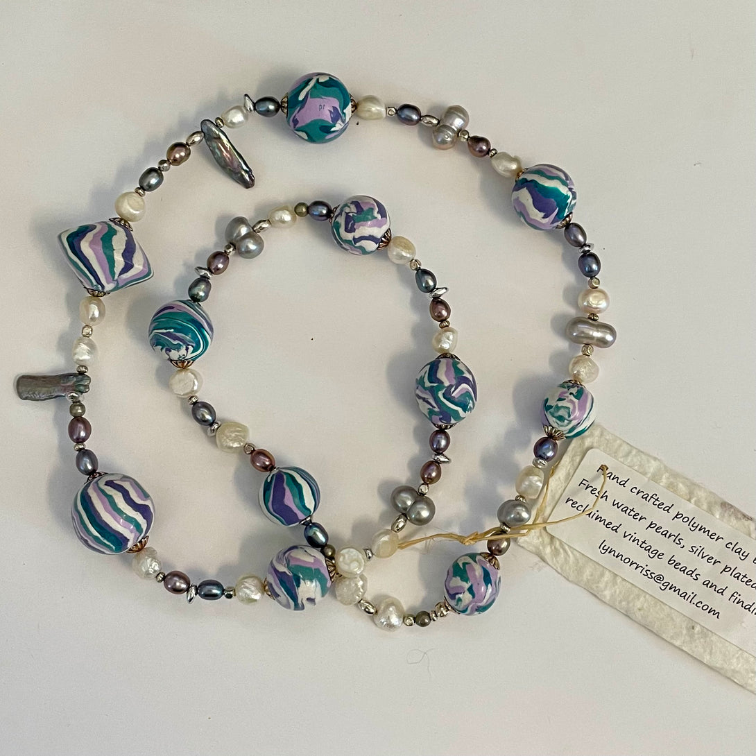 Lynn Orriss - Necklace -  Lilac, purple, white polymer beads with pearls - Lynn Orriss - McMillan Arts Centre Gallery, Gift Shop and Box Office - Vancouver Island Art Gallery