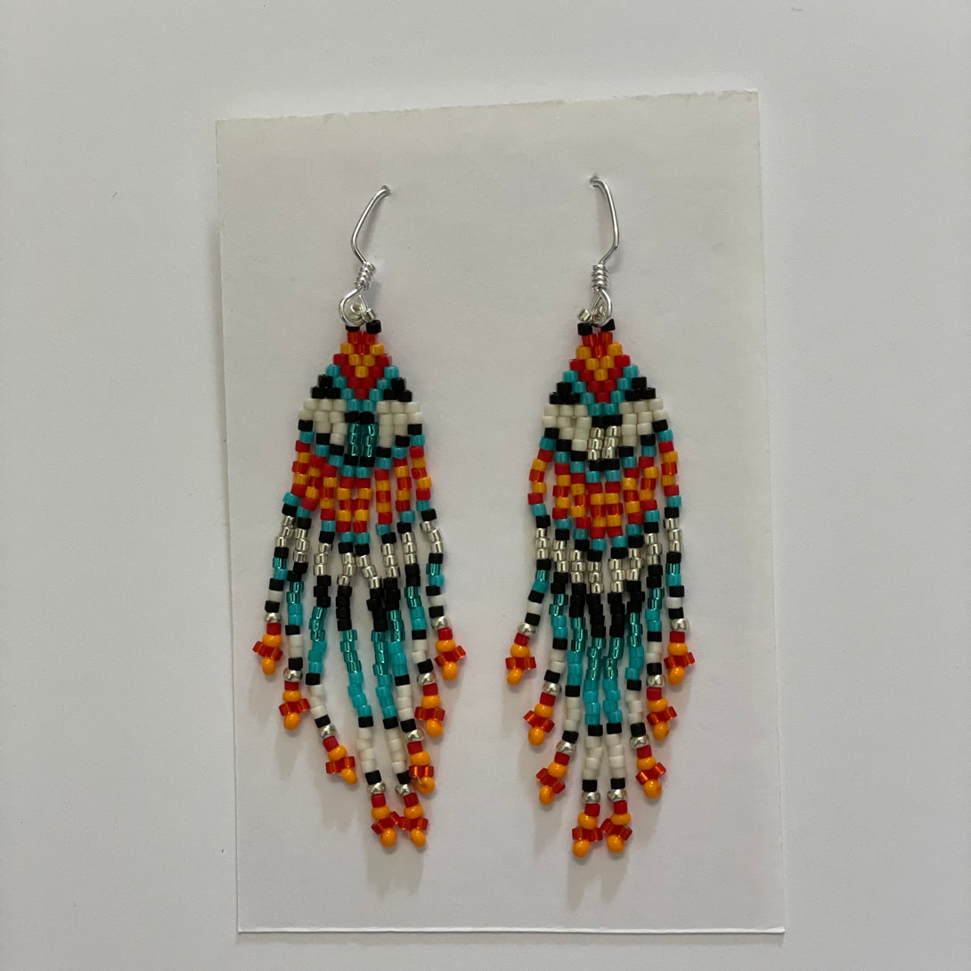Bruce Thurston - Earrings - Beaded design -red, yellow, turquoise, white by Bruce Thurston - McMillan Arts Centre - Vancouver Island Art Gallery
