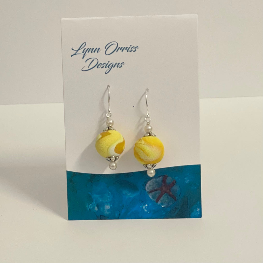 Lynn Orriss - Earrings - Yellow with pearl, small - Lynn Orriss - McMillan Arts Centre - MAC Box Office - Vancouver Island Art Gallery