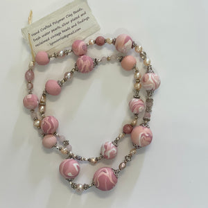 Lynn Orriss - Necklace - Rose Pink Polymer Beads & Freshwater Pearls by Lynn Orriss - McMillan Arts Centre - Vancouver Island Art Gallery