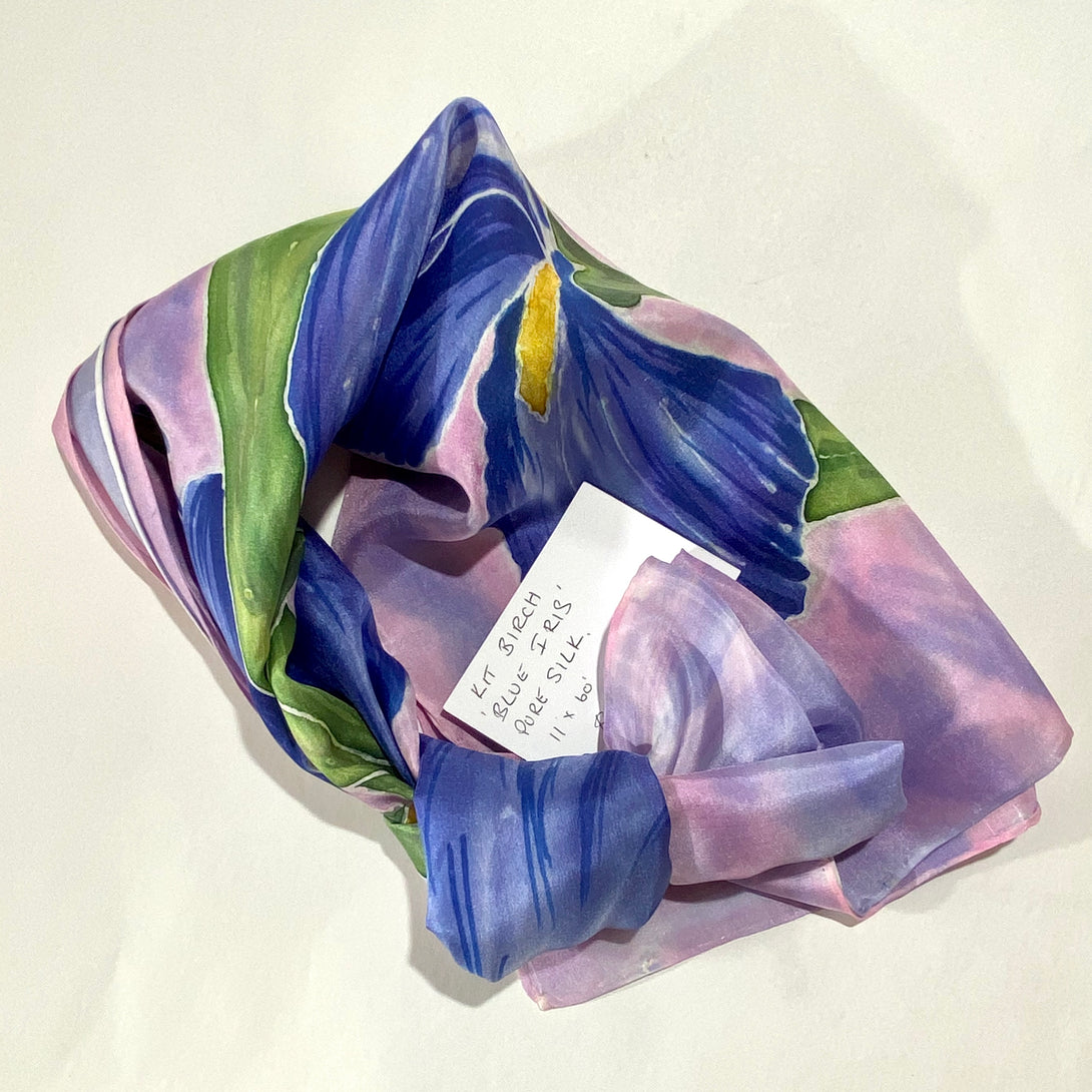 Kate Birch - Scarf - Handpainted silk - mauve with blue flower by Kate Birch - McMillan Arts Centre - Vancouver Island Art Gallery