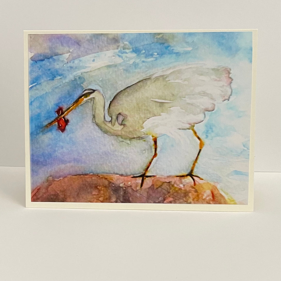 Nancy Butler - Card - Heron with fish, copy of watercolour painting by Nancy Butler - McMillan Arts Centre - Vancouver Island Art Gallery