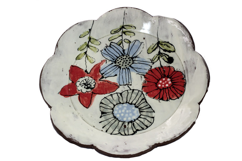 Donna Rathke - Pottery - Plate with whimsical floral design, 8 inch diameter by Donna Rathke - McMillan Arts Centre - Vancouver Island Art Gallery