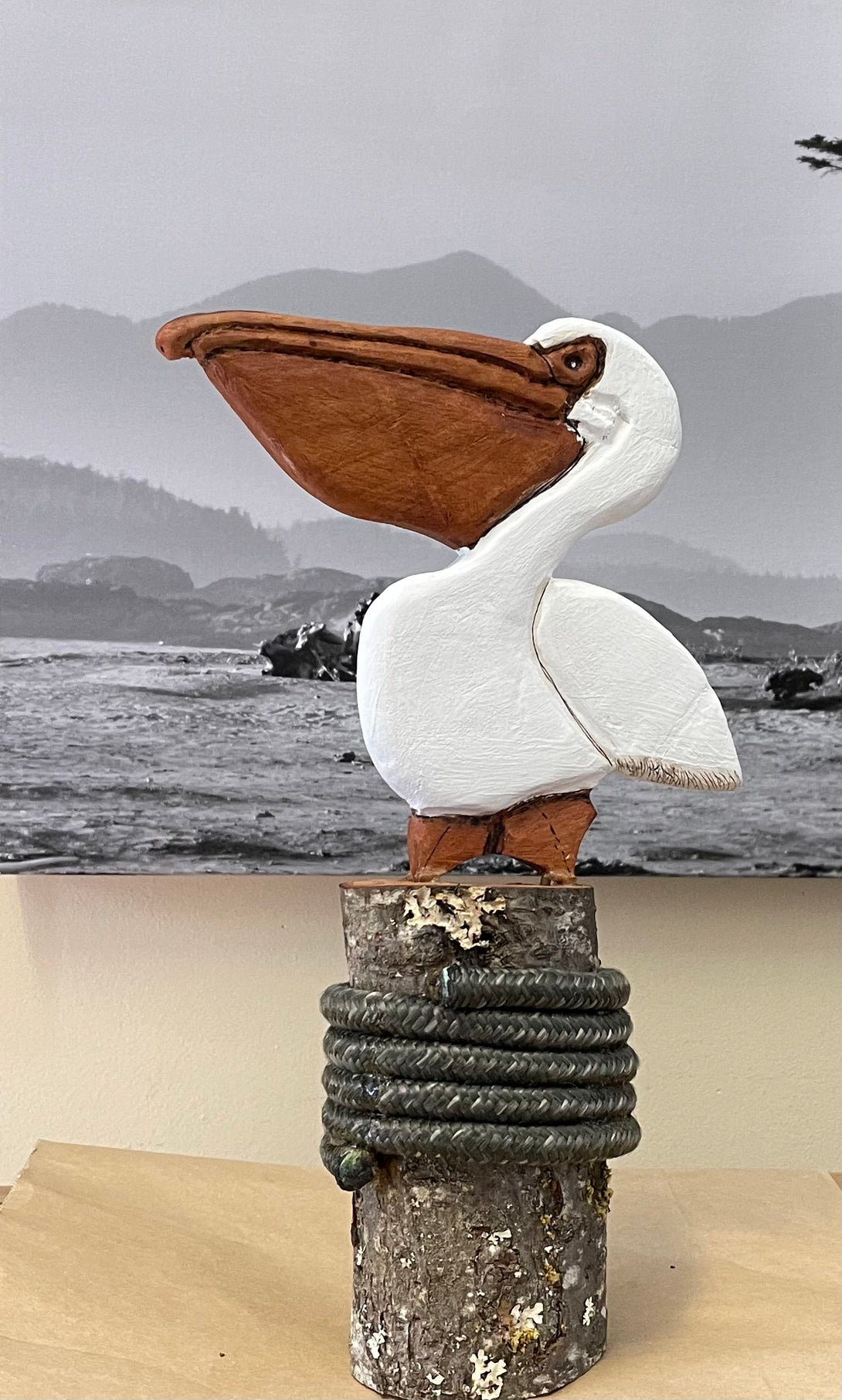 Ron Acton - Wood Art - Carving  - Pelican standing on post by Ron Acton - McMillan Arts Centre - Vancouver Island Art Gallery