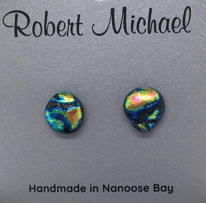 Robert Tutty - Earrings - Dichroic glass, green, gold, orange & black by Robert Tutty - McMillan Arts Centre - Vancouver Island Art Gallery