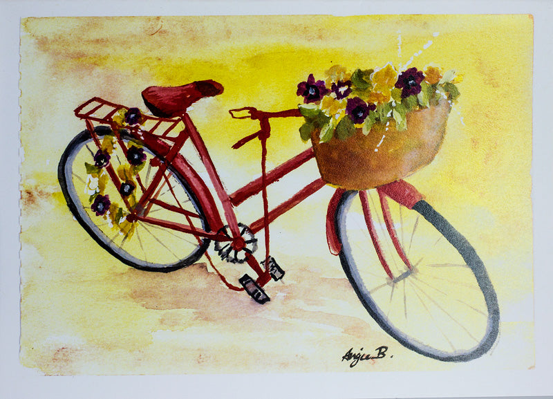 Angie Bettam - Card - Red Bicycle with Flowers - Angie Bettam - McMillan Arts Centre Gallery, Gift Shop and Box Office - Vancouver Island Art Gallery