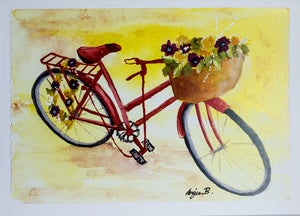 Angie Bettam - Card - Red Bicycle with Flowers by Angie Bettam - McMillan Arts Centre - Vancouver Island Art Gallery