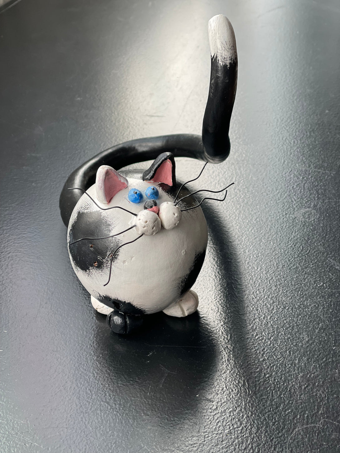 Lynn Symington - Gourd Art - Black & White Cat with long tail by Lynn Symington - McMillan Arts Centre - Vancouver Island Art Gallery