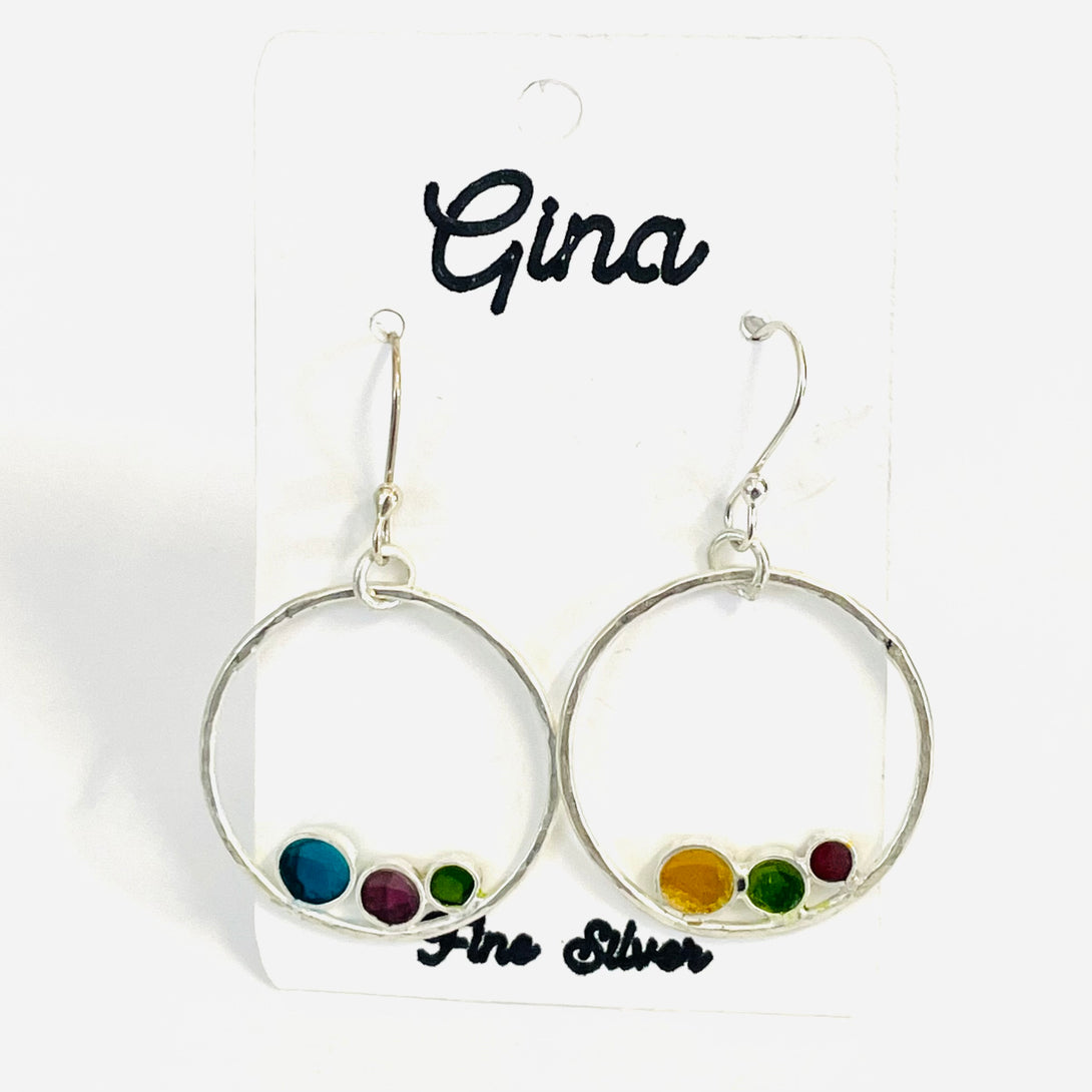 Gina Shear - Earrings - Hoops with multi-coloured circles on bottom by Gina Shear - McMillan Arts Centre - Vancouver Island Art Gallery
