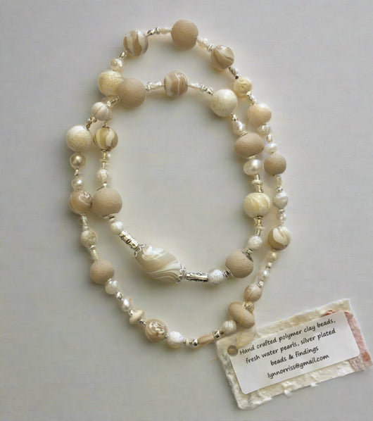 Lynn Orriss - Necklace -  Beige polymer beads and pearls - Lynn Orriss - McMillan Arts Centre - MAC Box Office - Vancouver Island Art Gallery