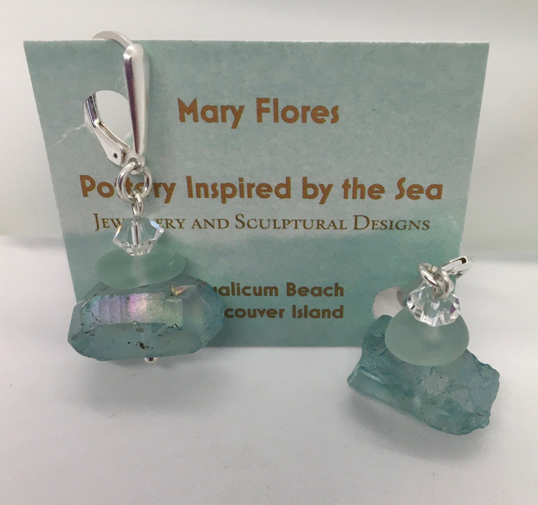 Mary Flores - Earrings - Sea glass & quartz on sterling silver wires by Mary Flores - McMillan Arts Centre - Vancouver Island Art Gallery
