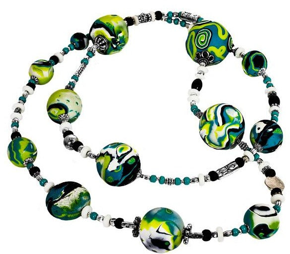 Lynn Orriss - Necklace Lime & Turquoise polymer beads by Lynn Orriss - McMillan Arts Centre - Vancouver Island Art Gallery