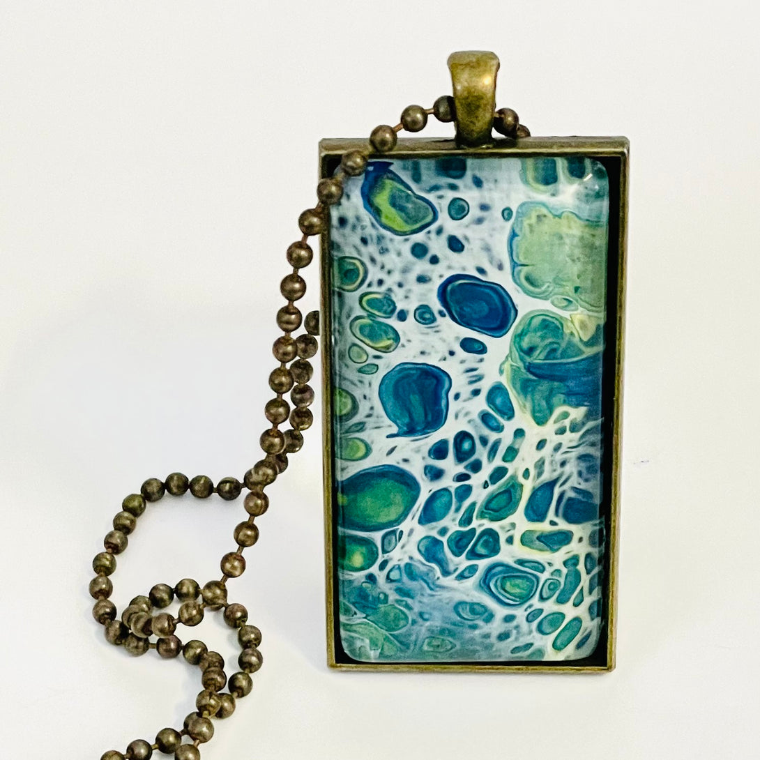 Linda Campbell -Pendant - Large Rectangle -blue & white, on brass chain