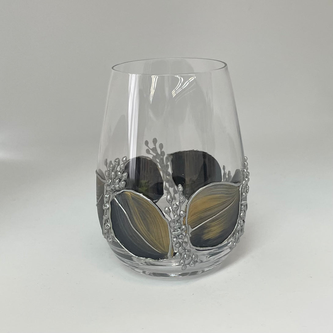 Lori Schiersmann - Stemless Wine Glass  - black/gold/silver by Lori Schiersmann - McMillan Arts Centre - Vancouver Island Art Gallery