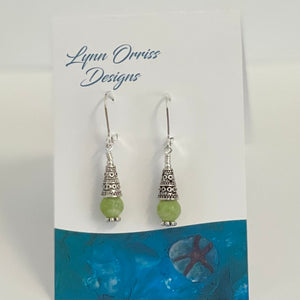 Lynn Orriss - Earrings - Green balls with filigree top by Lynn Orriss - McMillan Arts Centre - Vancouver Island Art Gallery