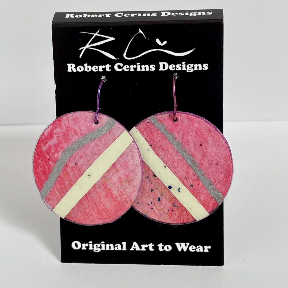 Robert Cerins -Earrings - Pink with silver & cream- Semi-circle by Robert Cerins - McMillan Arts Centre - Vancouver Island Art Gallery