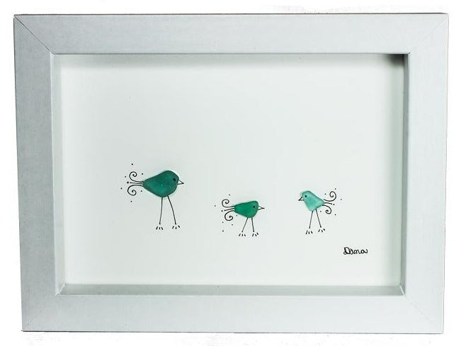 Dana Wagner - Sea Glass Art - Three little birds, aqua & green sea glass, framed - Dana Wagner - McMillan Arts Centre Gallery, Gift Shop and Box Office - Vancouver Island Art Gallery