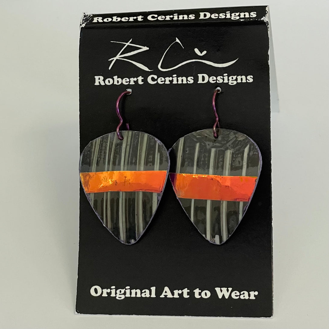 Robert Cerins - Earrings - Black stripe with metallic band - Guitar pick shape - Robert Cerins - McMillan Arts Centre Gallery, Gift Shop and Box Office - Vancouver Island Art Gallery
