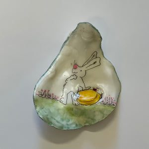 Dana Wagner - Rock Art -Easter bunny painted on oyster shell - Dana Wagner - McMillan Arts Centre Gallery, Gift Shop and Box Office - Vancouver Island Art Gallery