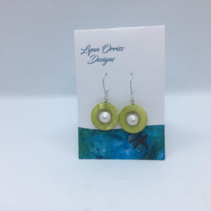 Lynn Orriss - Earrings - Lime green circle with inset pearl on silver hook by Lynn Orriss - McMillan Arts Centre - Vancouver Island Art Gallery