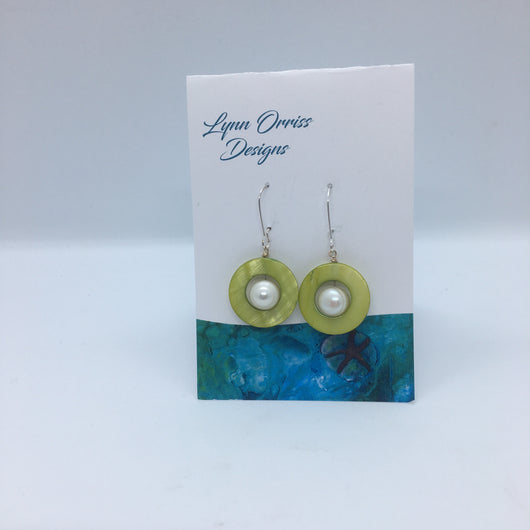 Lynn Orriss - Earrings - Lime green circle with inset pearl on silver hook - Lynn Orriss - McMillan Arts Centre - MAC Box Office - Vancouver Island Art Gallery