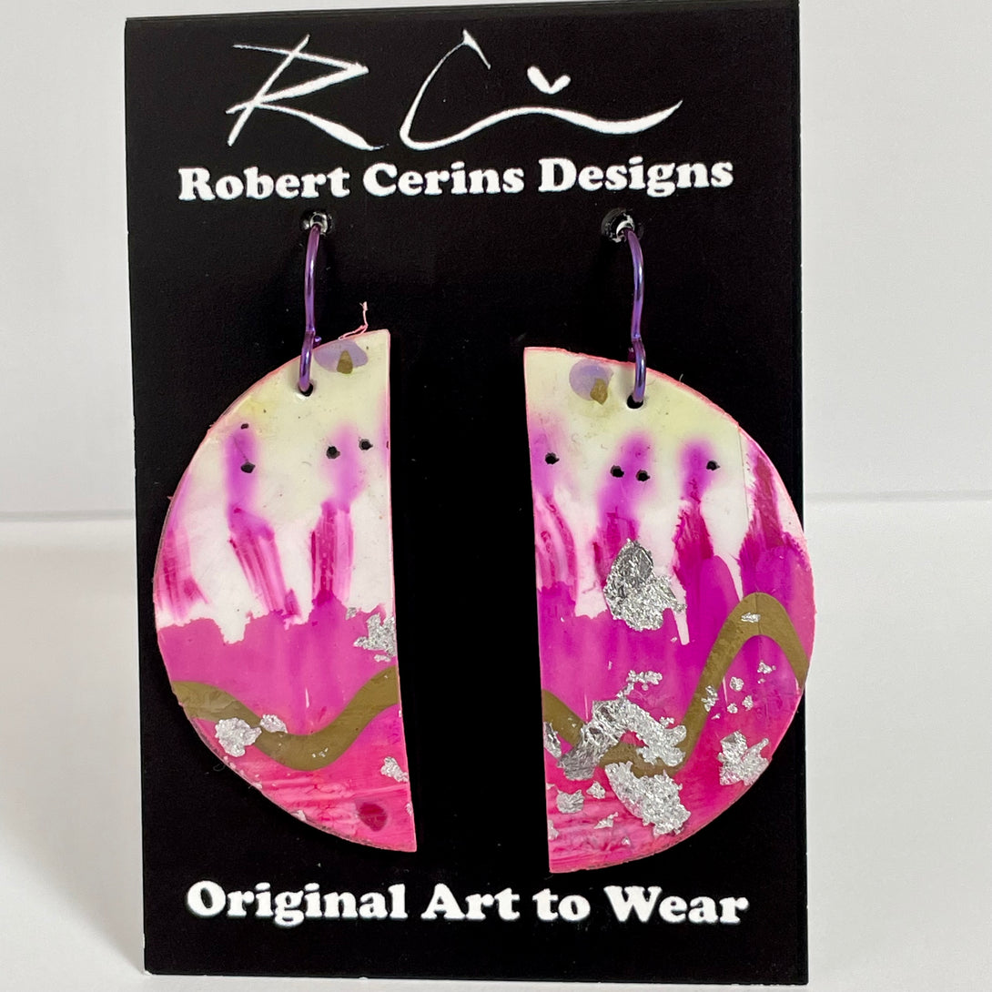 Robert Cerins -Earrings - Pink with gold - Semi-circle by Robert Cerins - McMillan Arts Centre - Vancouver Island Art Gallery