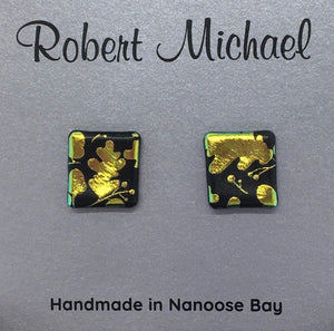 Robert Tutty - Earrings - Dichroic glass, gold leaves on black - Robert Tutty - McMillan Arts Centre Gallery, Gift Shop and Box Office - Vancouver Island Art Gallery