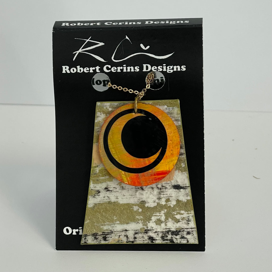 Robert Cerins - Pendant - gold & white rectangle with orange /black circle on top - Robert Cerins - McMillan Arts Centre Gallery, Gift Shop and Box Office - Vancouver Island Art Gallery