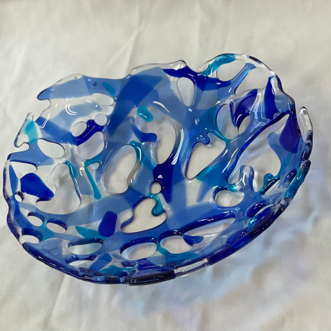 Jan Bell-Irving - Glass - Fused glass lacy bowl, blue & turquoise by Jan Bell-Irving - McMillan Arts Centre - Vancouver Island Art Gallery