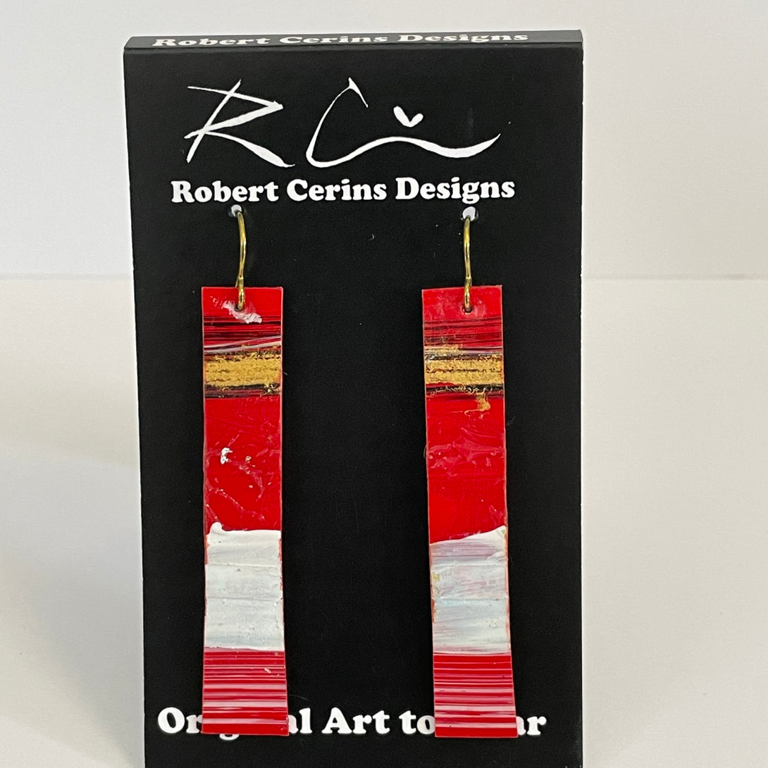 Robert Cerins - Earrings - Red with white & gold - Long Rectangle - Robert Cerins - McMillan Arts Centre Gallery, Gift Shop and Box Office - Vancouver Island Art Gallery