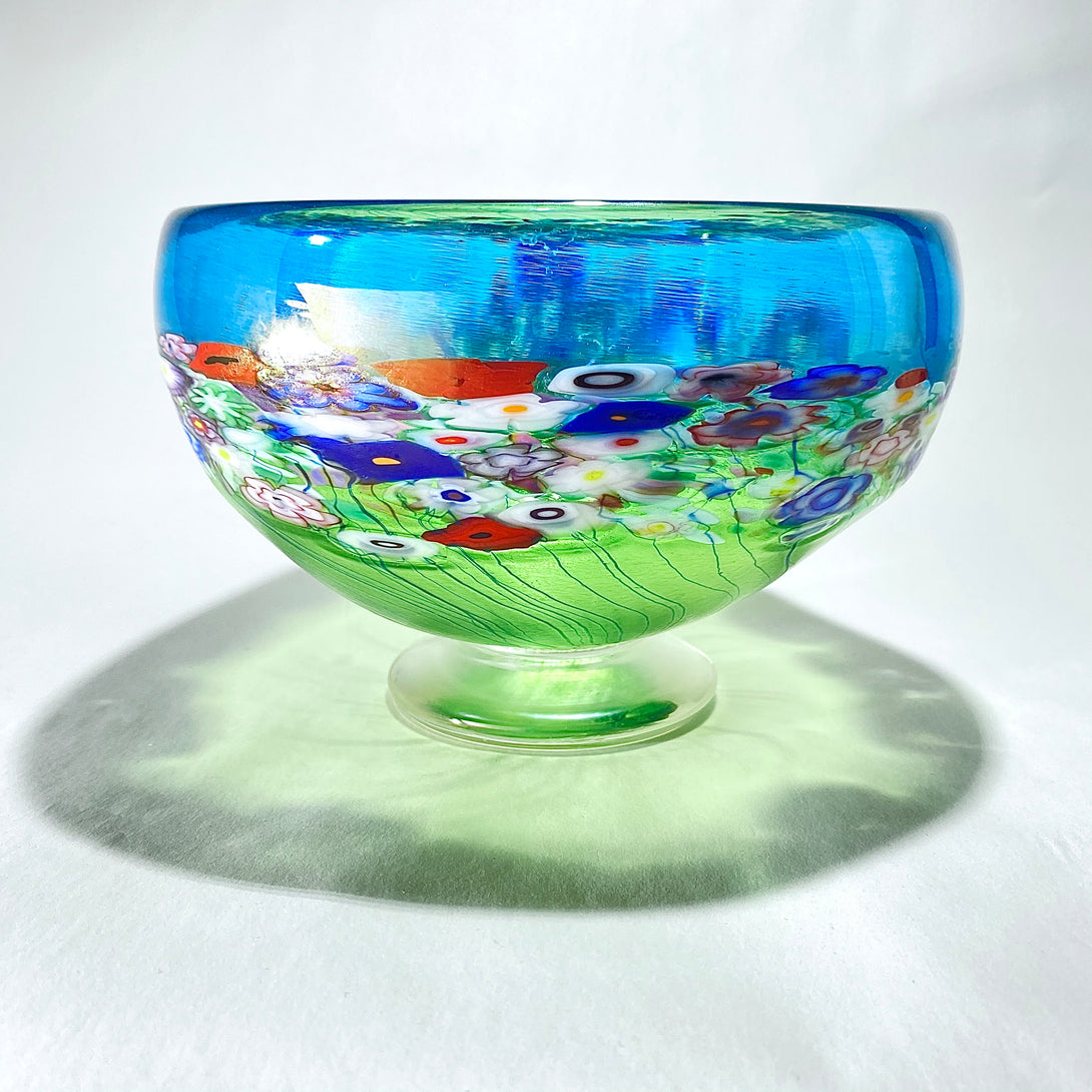 Robert Held - Blown Glass Bowl blue & green with scattering of abstract flowers by Robert Held - McMillan Arts Centre - Vancouver Island Art Gallery