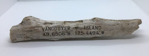 Drift Roots  -Driftwood Sign "Vancouver Island + latitude & longitude"