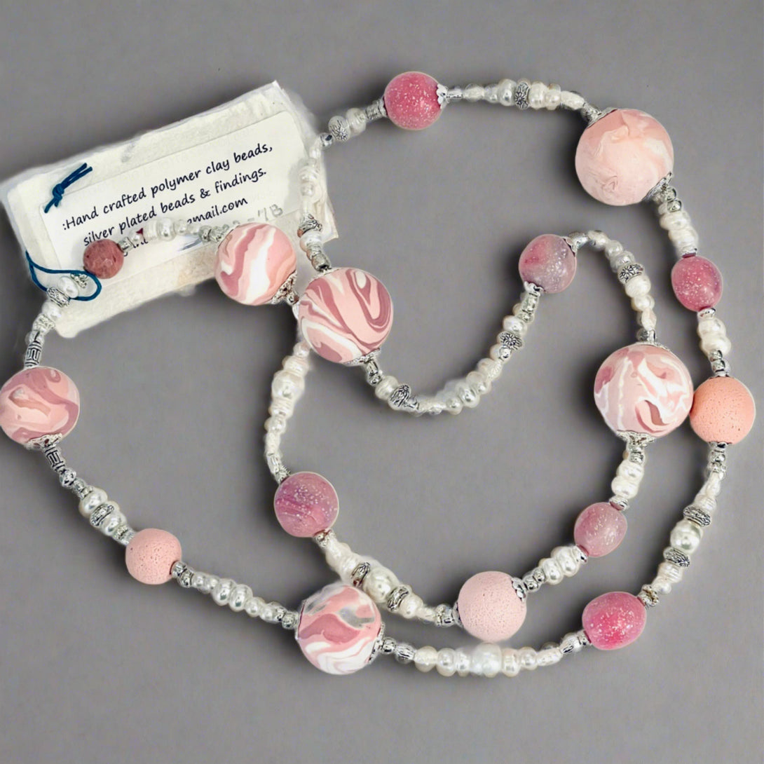 Lynn Orriss - Necklace - Pink swirl beads with pearls by Lynn Orriss - McMillan Arts Centre - Vancouver Island Art Gallery