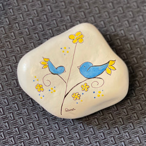 Dana Wagner - Rock Art - Two bluebirds and yellow flowers, XL - Dana Wagner - McMillan Arts Centre Gallery, Gift Shop and Box Office - Vancouver Island Art Gallery