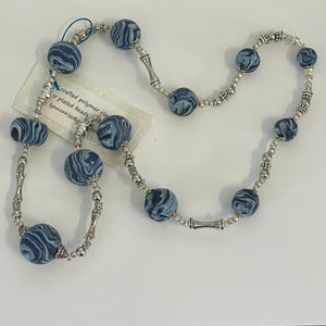 Lynn Orriss - Necklace - Dark blue denim beads by Lynn Orriss - McMillan Arts Centre - Vancouver Island Art Gallery