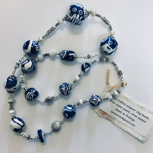 Lynn Orriss - Necklace -Navy & white  polymer clay beads with pearls - Lynn Orriss - McMillan Arts Centre - MAC Box Office - Vancouver Island Art Gallery
