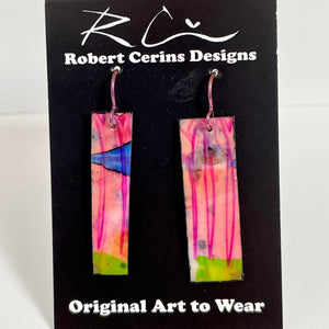Robert Cerins -Earrings - Pink with green - rectangle by Robert Cerins - McMillan Arts Centre - Vancouver Island Art Gallery