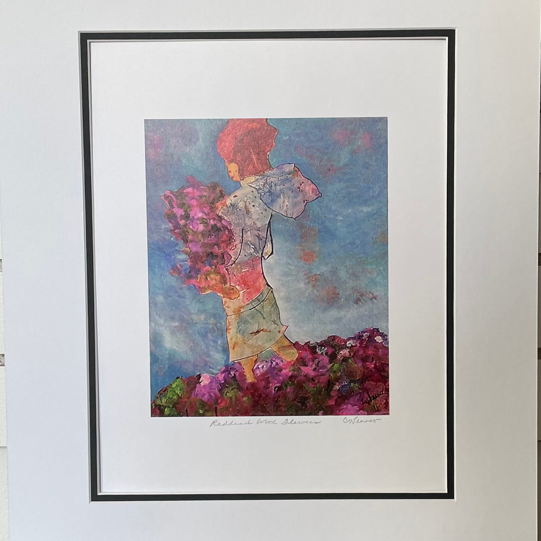 Carla Weaver - Print - Redhead with Flowers - white matted  16