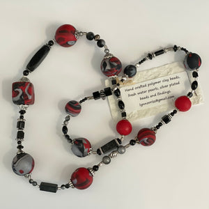 Lynn Orriss - Necklace - Red & black polymer beads by Lynn Orriss - McMillan Arts Centre - Vancouver Island Art Gallery