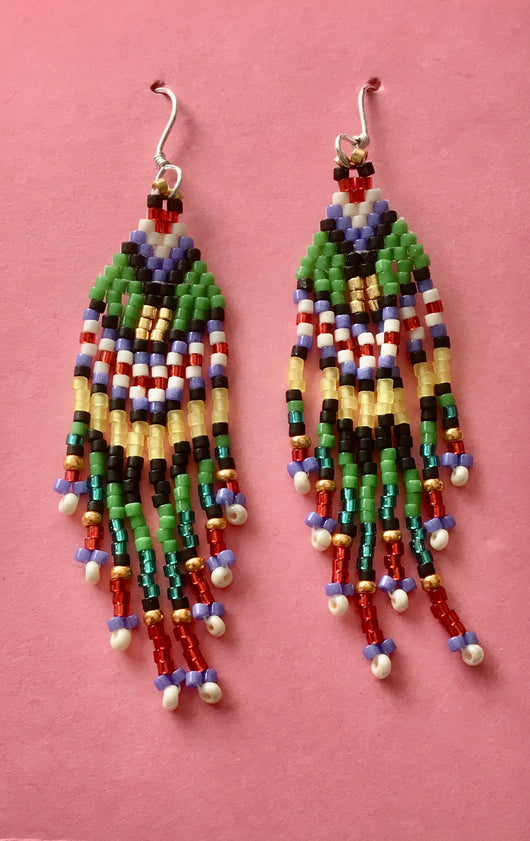 Bruce Thurston - Earrings -  Beaded design, purple, navy, red, green, by Bruce Thurston - McMillan Arts Centre - Vancouver Island Art Gallery