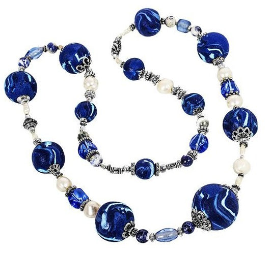 Lynn Orriss - Necklace Denim Blue polymer beads - Lynn Orriss - McMillan Arts Centre - MAC Box Office - Vancouver Island Art Gallery