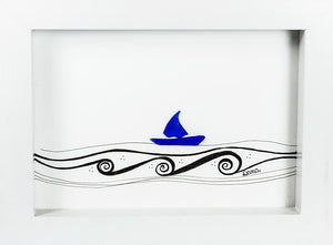 Dana Wagner - Sea glass Art  - Cobalt blue sailboat, framed by Dana Wagner - McMillan Arts Centre - Vancouver Island Art Gallery