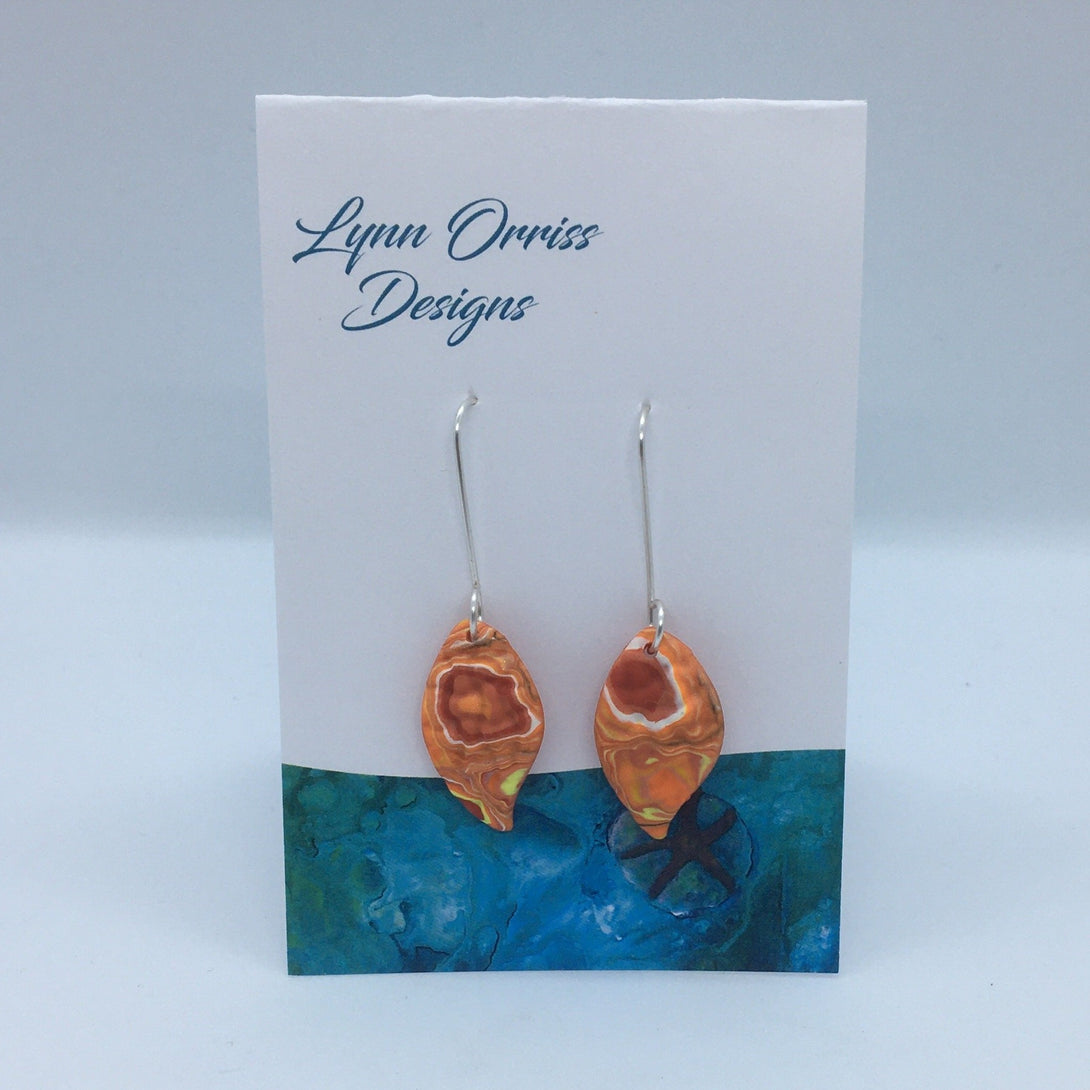 Lynn Orriss - Earrings - Leaf shape, orange swirls on silver hook by Lynn Orriss - McMillan Arts Centre - Vancouver Island Art Gallery