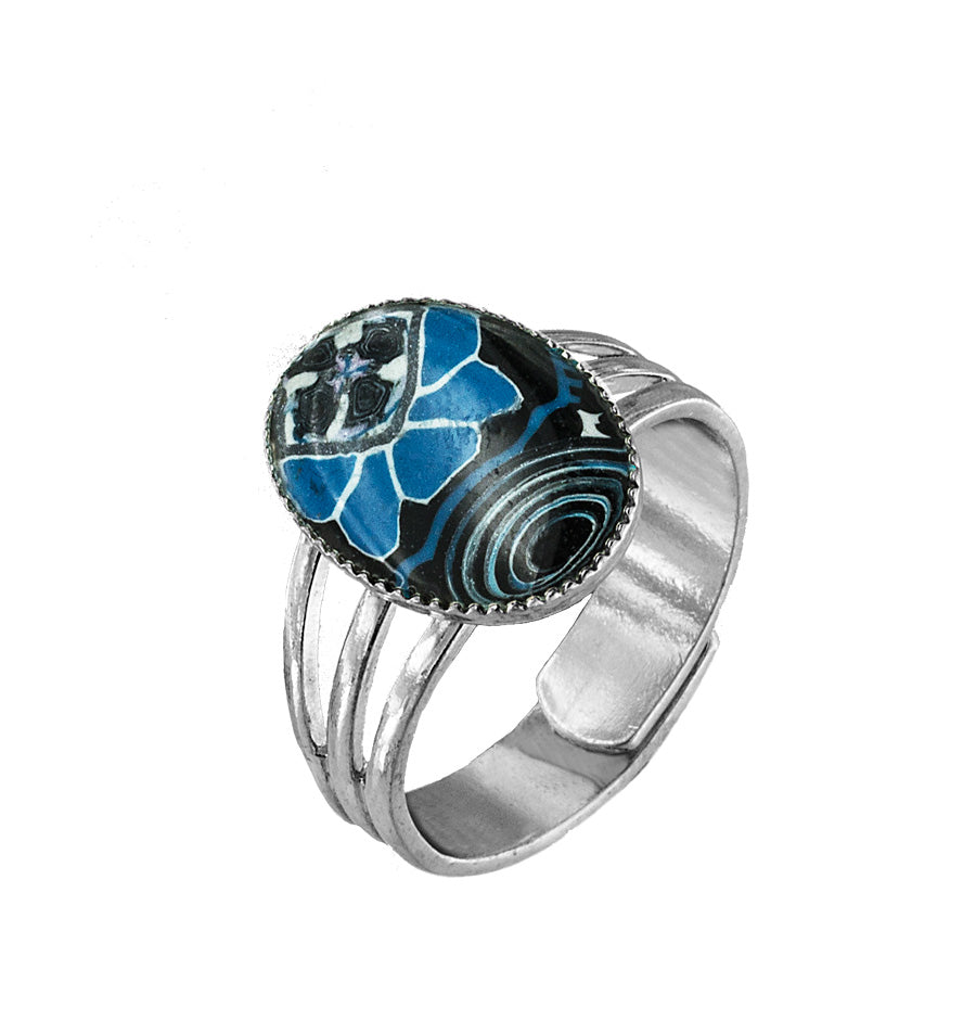 Lynn Orriss - Ring Silver colour with blue & black resin insert by Lynn Orriss - McMillan Arts Centre - Vancouver Island Art Gallery