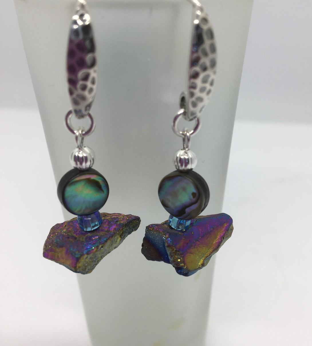 Mary Flores - Earrings - Agate & Abalone shell on sterling silver wires by Mary Flores - McMillan Arts Centre - Vancouver Island Art Gallery
